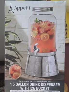 Clear Glass 1.5-Gallon Drink Dispenser with Silver Ice Bucket